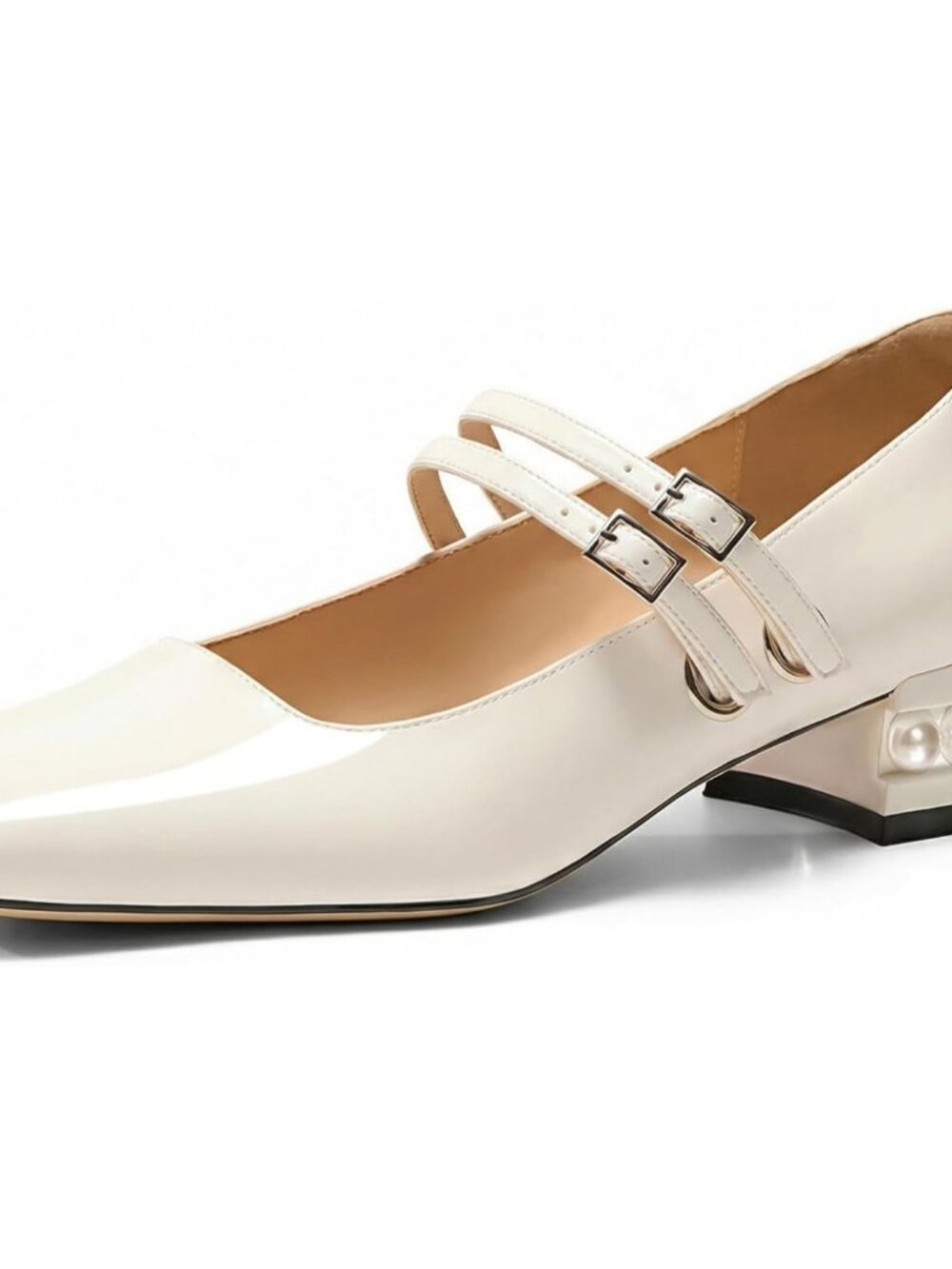 Women's Pearl White Mary Jane Low Pearl Heels Square Toe Pumps Ballet Shoes